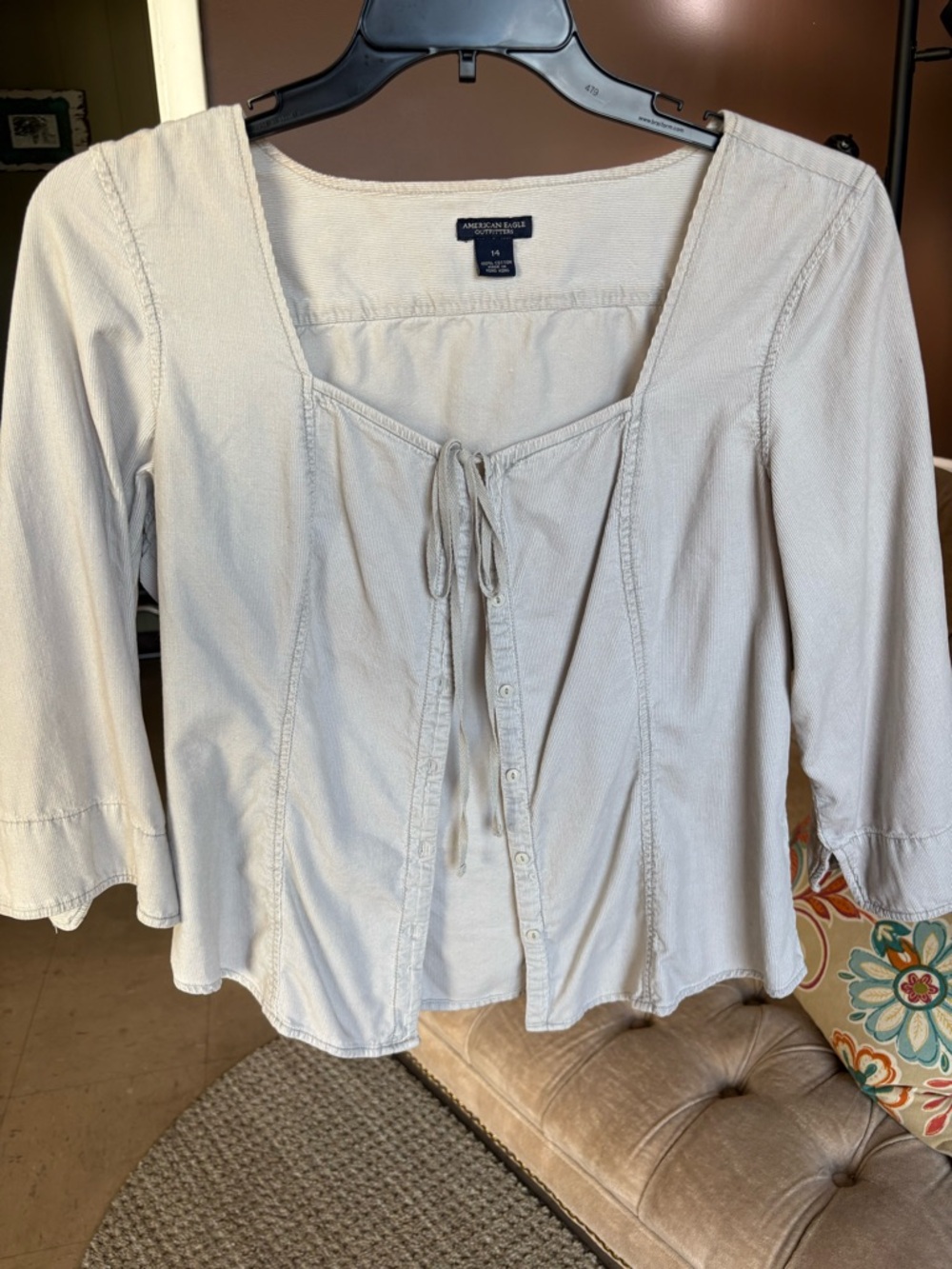 American Eagle Outfitters Cream Tie-Neck Square Neck Blouse